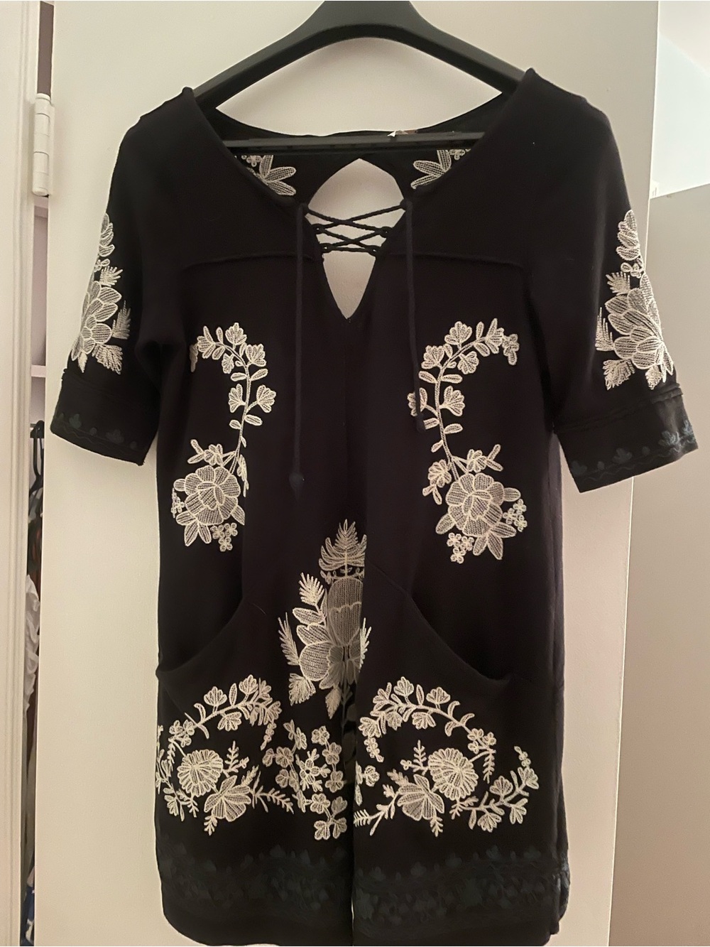 Free People Black Mini Dress with White Floral Embroidery